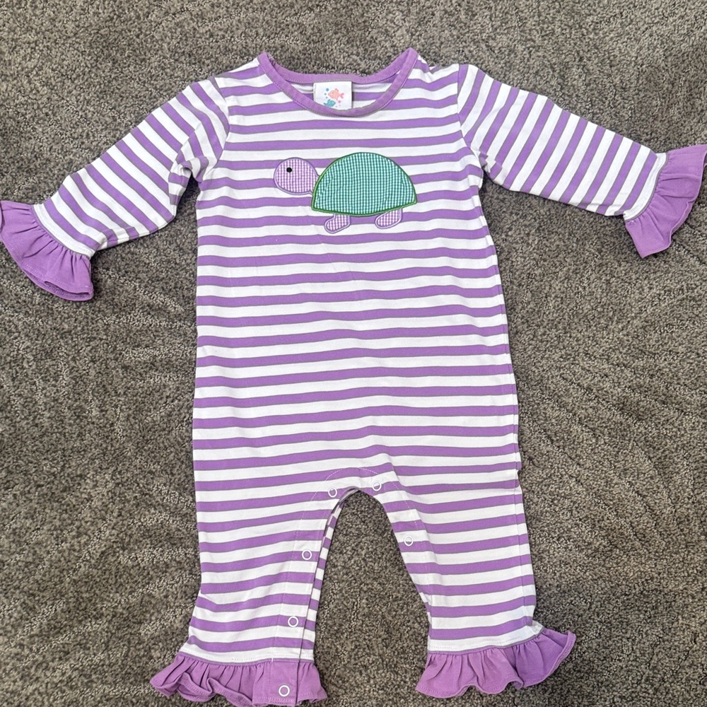 Lilac Striped Kids Footie with Turtle Appliqué